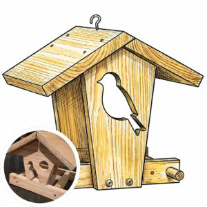 Bird box project in a sketchbook style with a preview of the built project in the bottom-left corner.