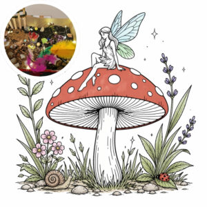 Fairy sitting on a red dotted mushroom in a sketchbook style with a preview of the built project in the top-left corner.