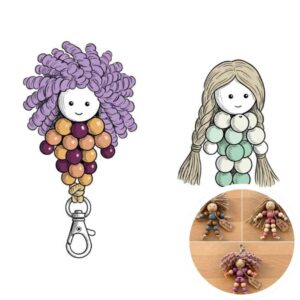 Beaded dolls keychains in a sketchbook style with a preview of the built project in the bottom-right corner.