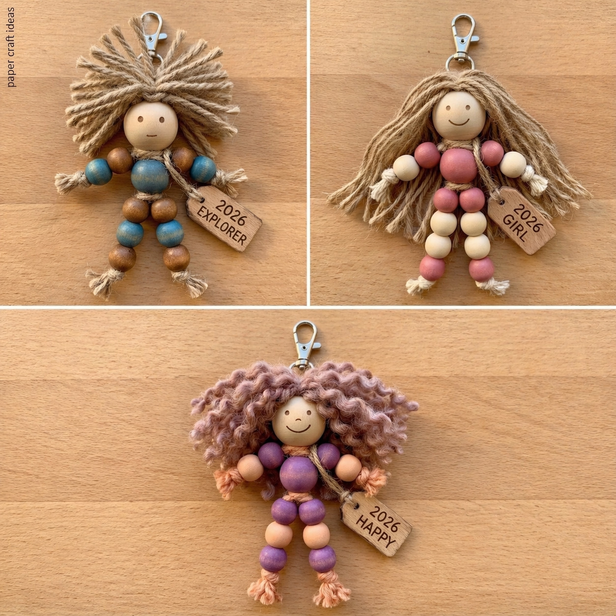 Real photo of three beaded doll keychains.