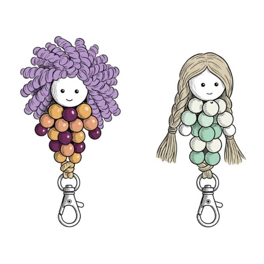 Two beaded dolls keychains in a sketchbook style.
