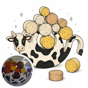Wooden toy cow (Brave Bessie) in a sketchbook style with the preview of the toy in the bottom-left corner.