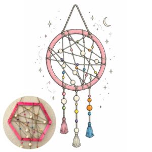 Pink dream catcher in a sketchbook style with a preview of the built project in the bottom-left corner.