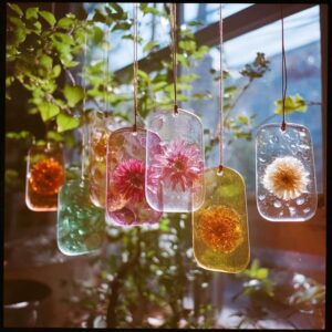 Real image of sun catchers craft project from Kids Kits hanging by a window
