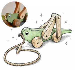 Wooden toy grasshopper in a sketchbook style with a preview of the toy in the top-left corner.