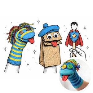 Hand sock puppets in a sketchbook style with the preview of the built project in the bottom right corner.