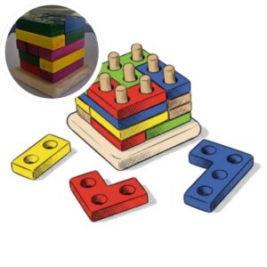 Wooden puzzle block toy in a sketchbook style with a preview of the real toy in the top-left corner.