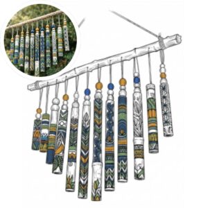 Wind chimes in a sketchbook style with a preview of the built project in the top-left corner.