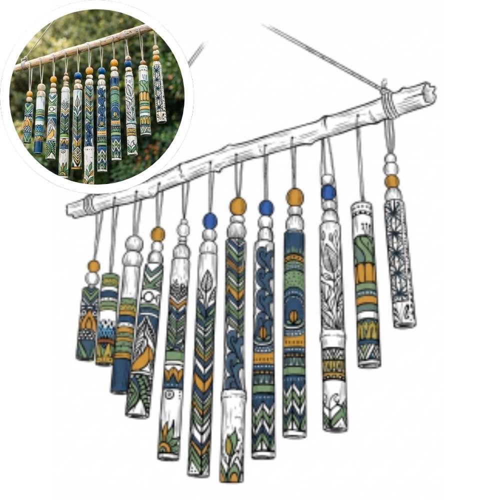 Wind chimes in a sketchbook style with a preview of the built project in the top-left corner.