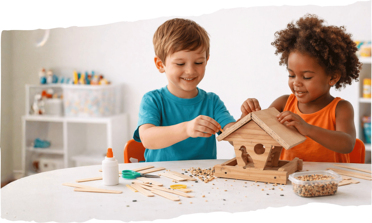 Kids Kits bird house demo – Kids Kits Two children building a wooden bird house project from Kids Kits.