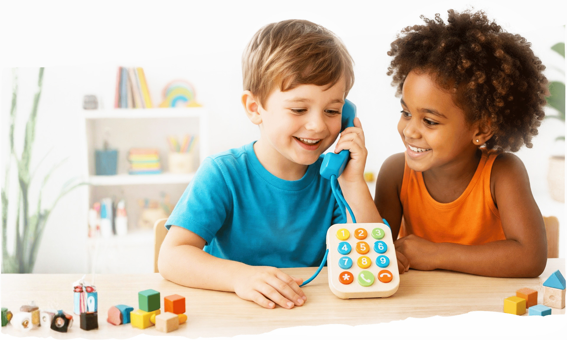 Contact page – Kids Kits Two kids playing on a toy phone